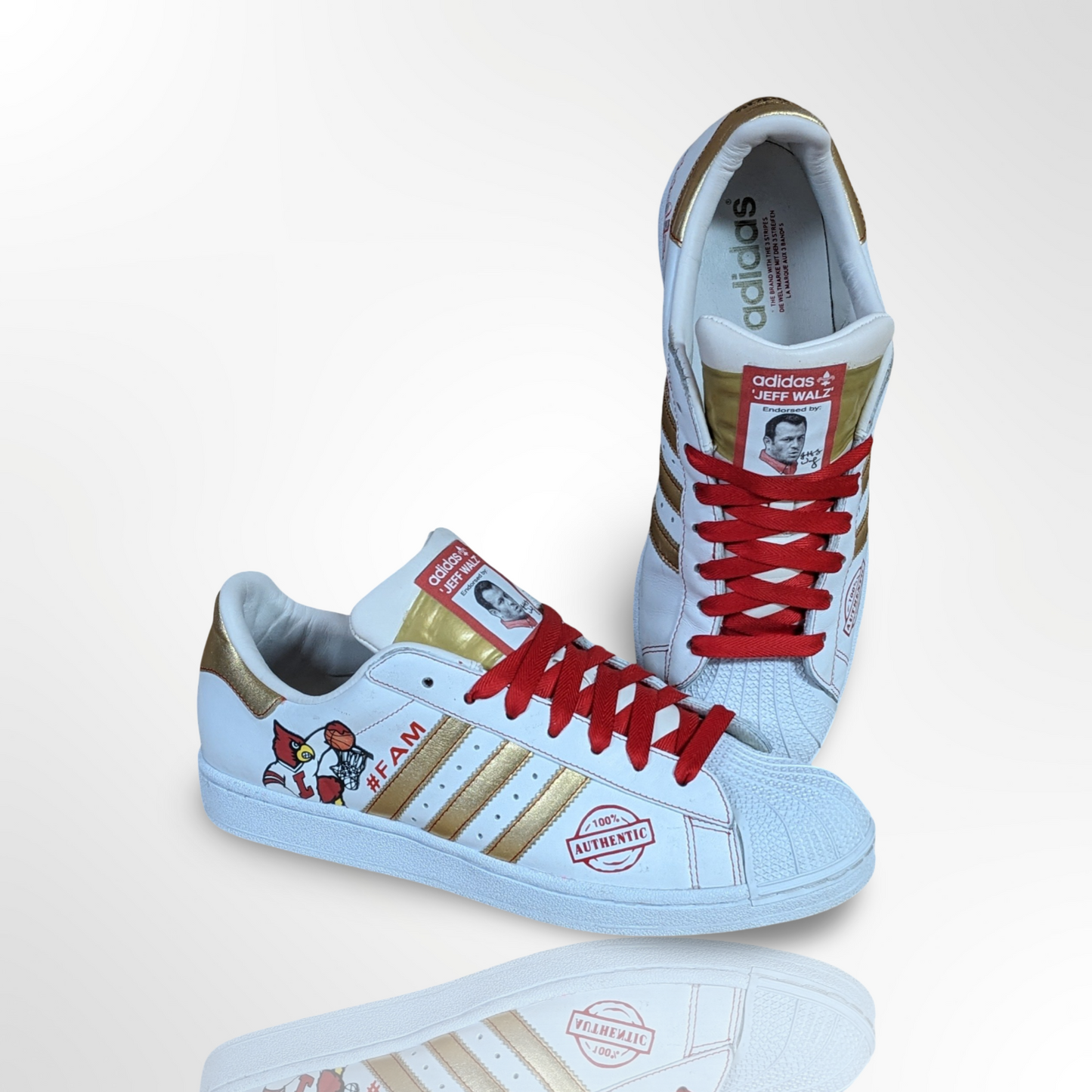 UofL University of Louisville White/Gold #FAM Custom Shoes - Adidas Superstar - FREE SHIPPING