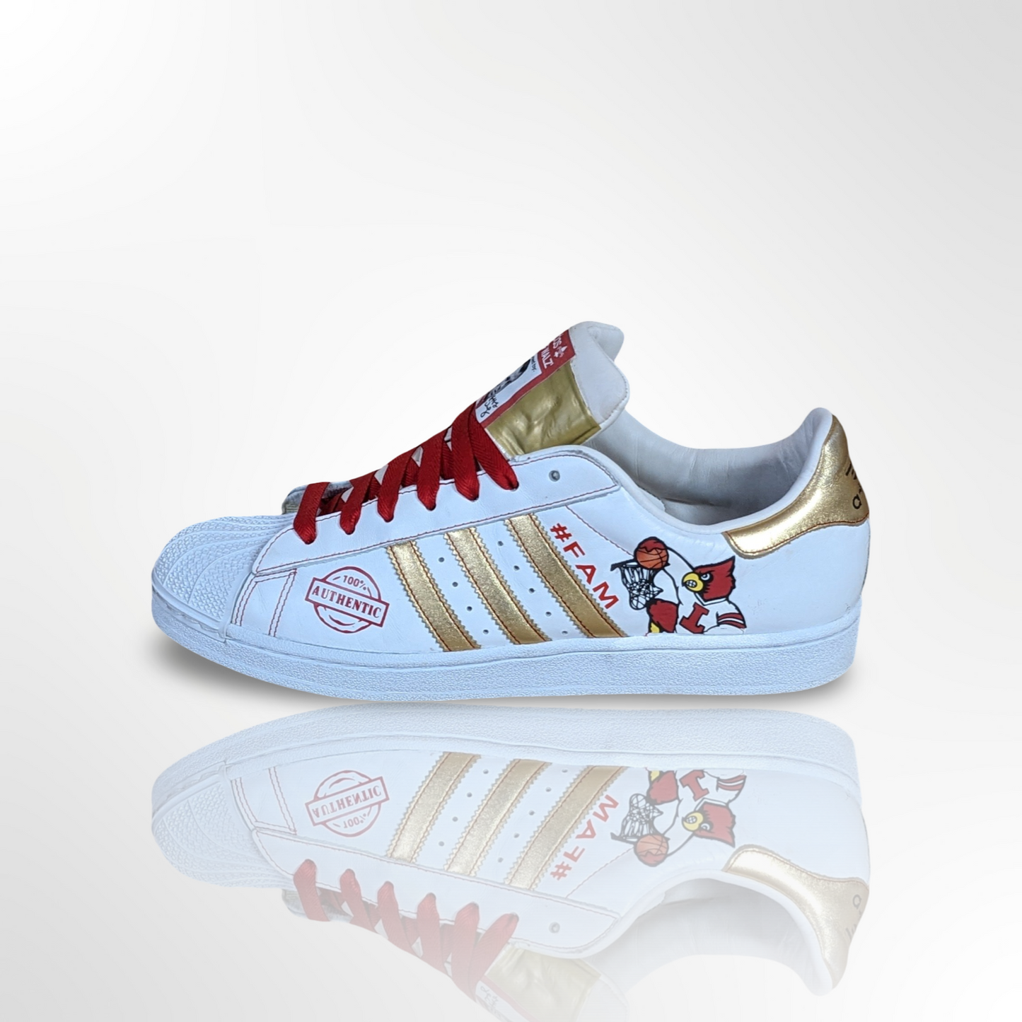 UofL University of Louisville White/Gold #FAM Custom Shoes - Adidas Superstar - FREE SHIPPING