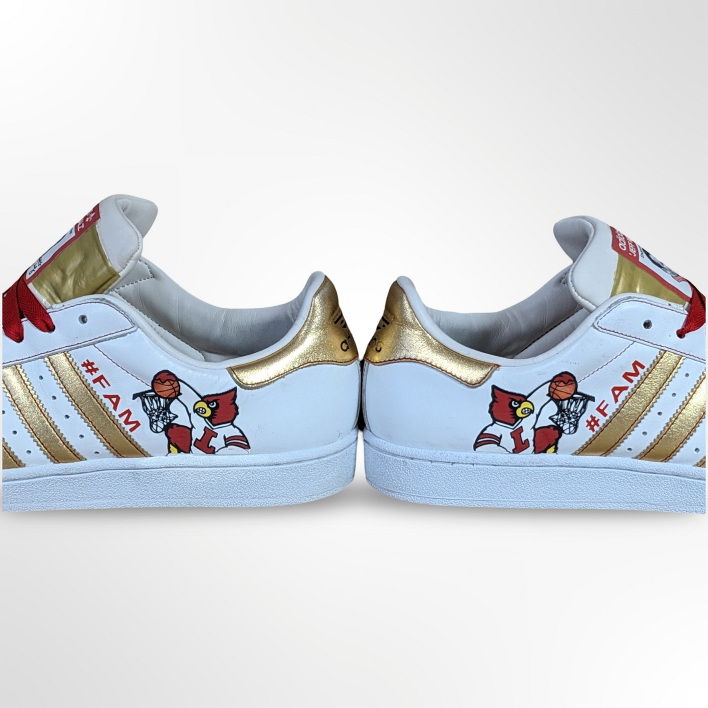 UofL University of Louisville White/Gold #FAM Custom Shoes - Adidas Superstar - FREE SHIPPING