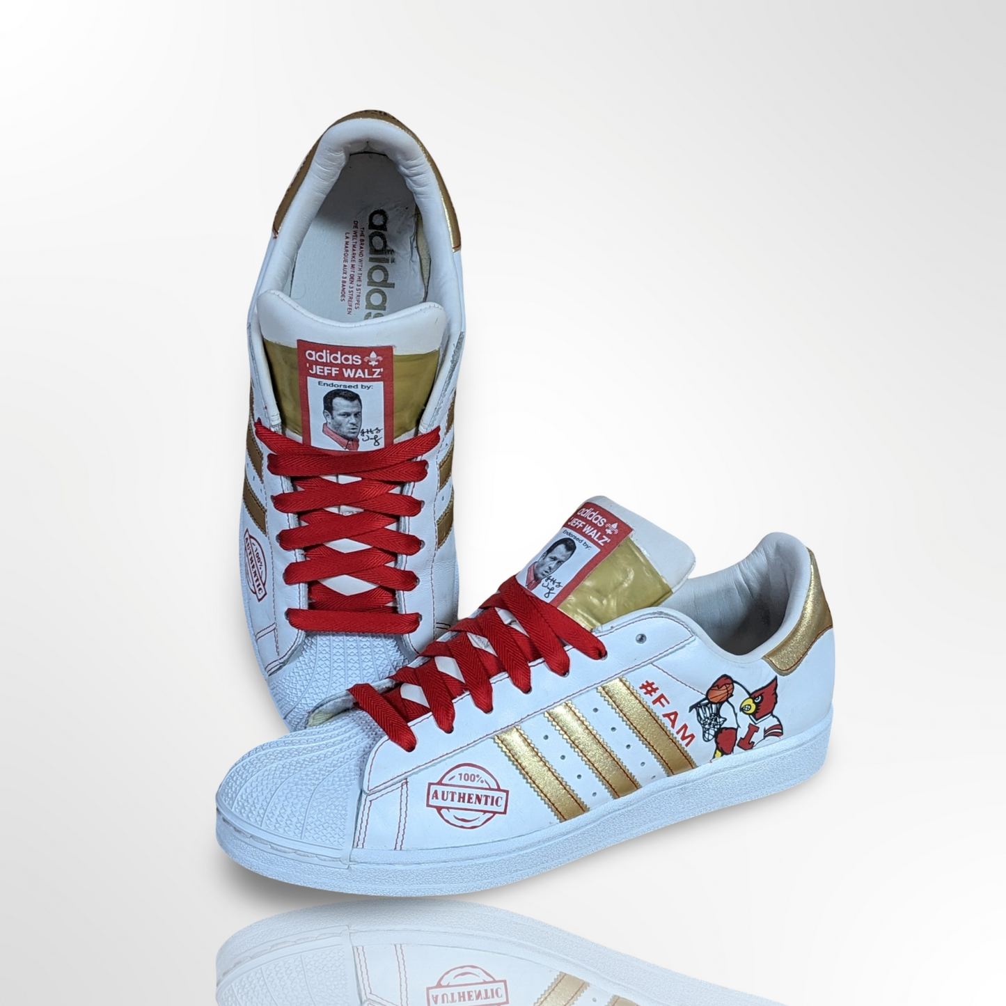 UofL University of Louisville White/Gold #FAM Custom Shoes - Adidas Superstar - FREE SHIPPING