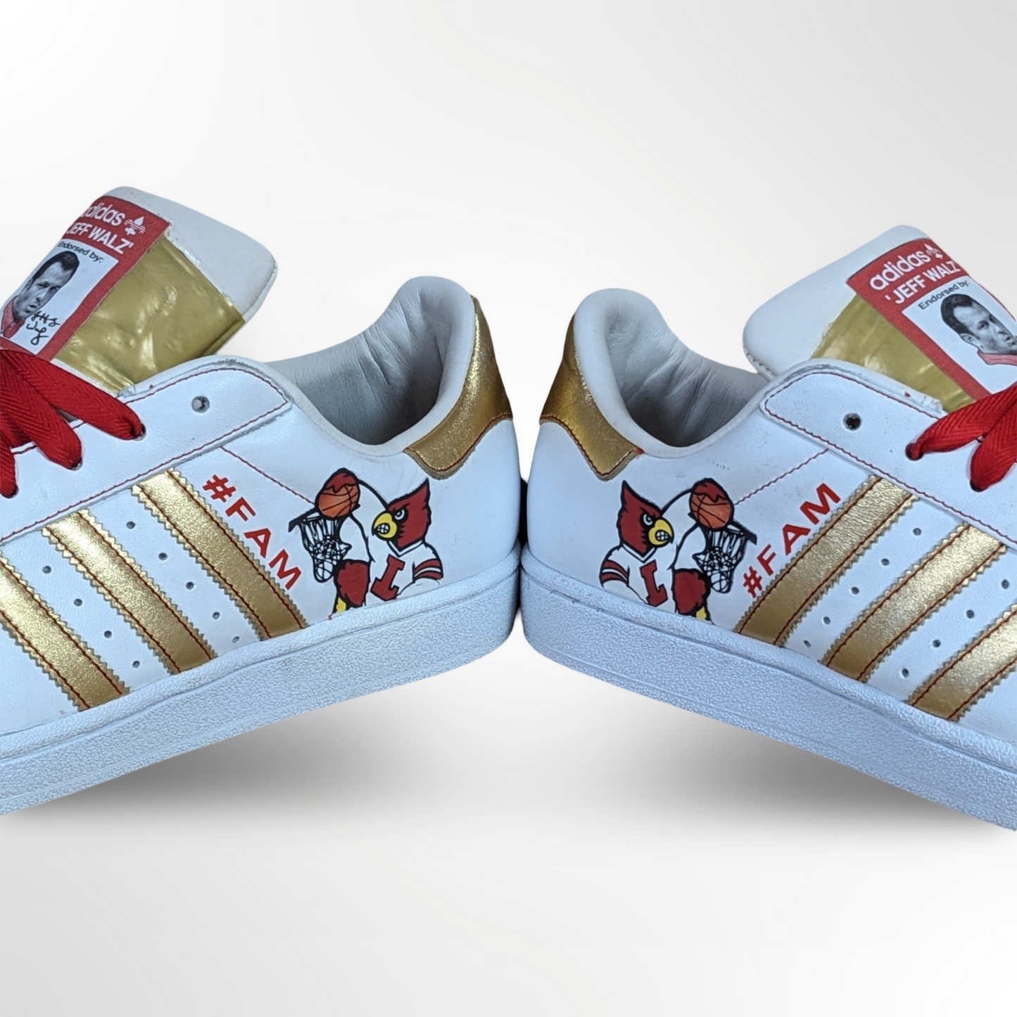 UofL University of Louisville White/Gold #FAM Custom Shoes - Adidas Superstar - FREE SHIPPING