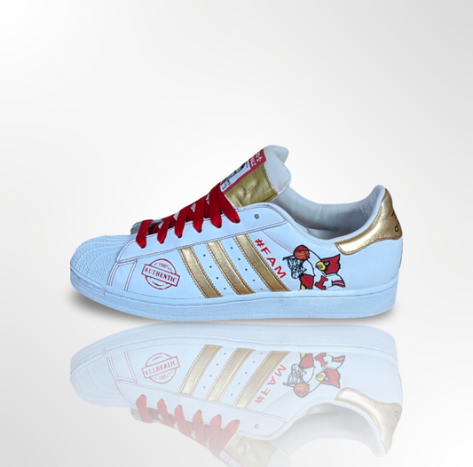UofL University of Louisville White/Gold #FAM Custom Shoes - Adidas Superstar - FREE SHIPPING