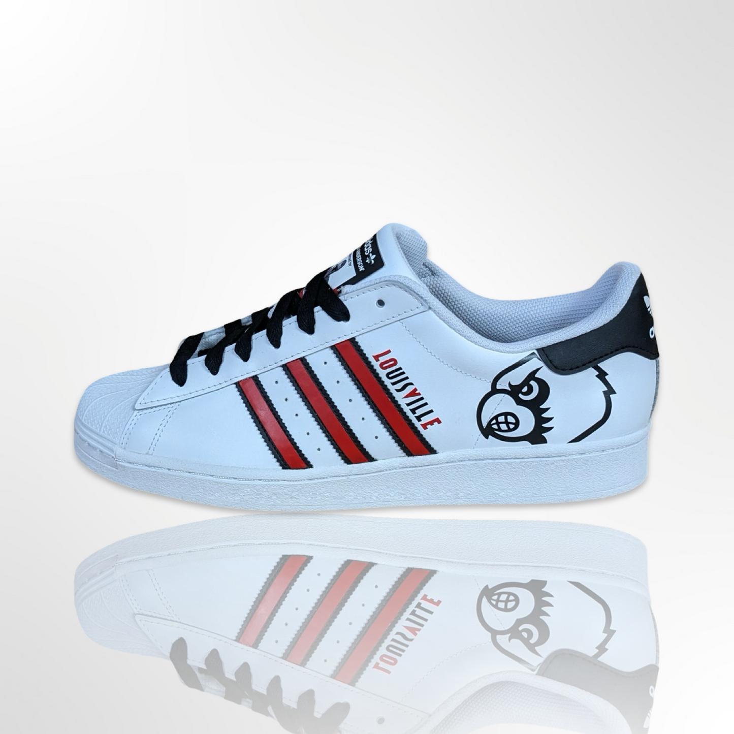 UofL University of Louisville White/Red/Black - "Louisville LOVE" Custom Shoes - Adidas Superstar - FREE SHIPPING